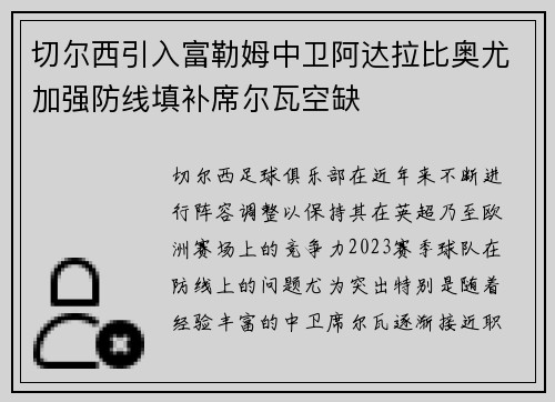 切尔西引入富勒姆中卫阿达拉比奥尤加强防线填补席尔瓦空缺