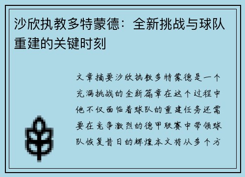 沙欣执教多特蒙德：全新挑战与球队重建的关键时刻